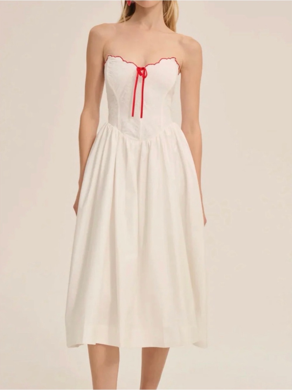 For Love And Lemons White Midi Dress with Red Trim